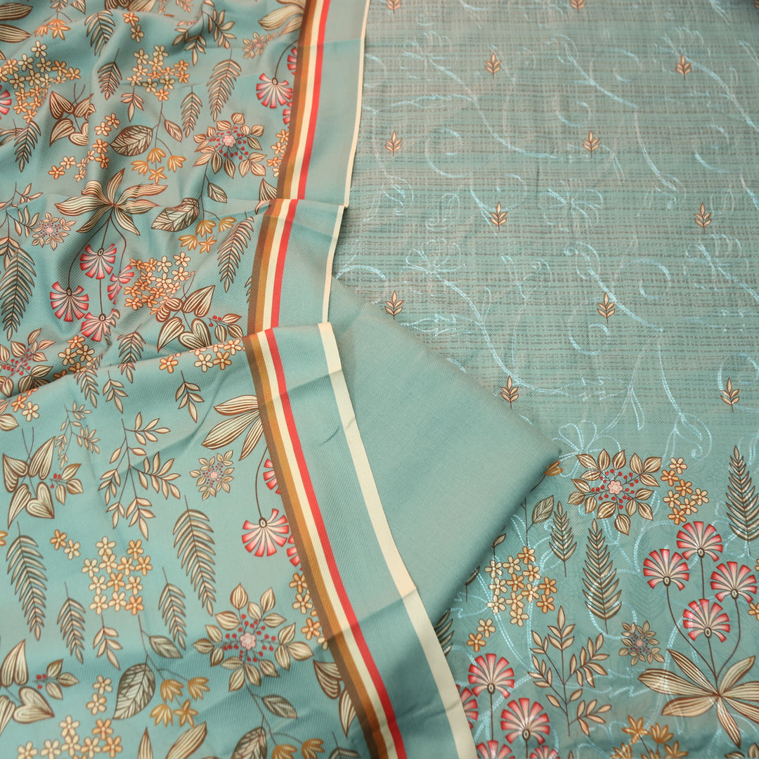 सायरा Powder Blue Balanced By Floral Printed and Aari Work Semi Pashmina Winter Set