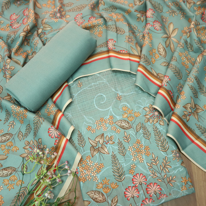 सायरा Powder Blue Balanced By Floral Printed and Aari Work Semi Pashmina Winter Set