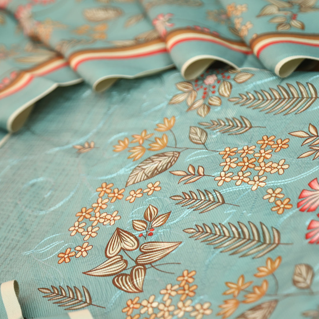 सायरा Powder Blue Balanced By Floral Printed and Aari Work Semi Pashmina Winter Set