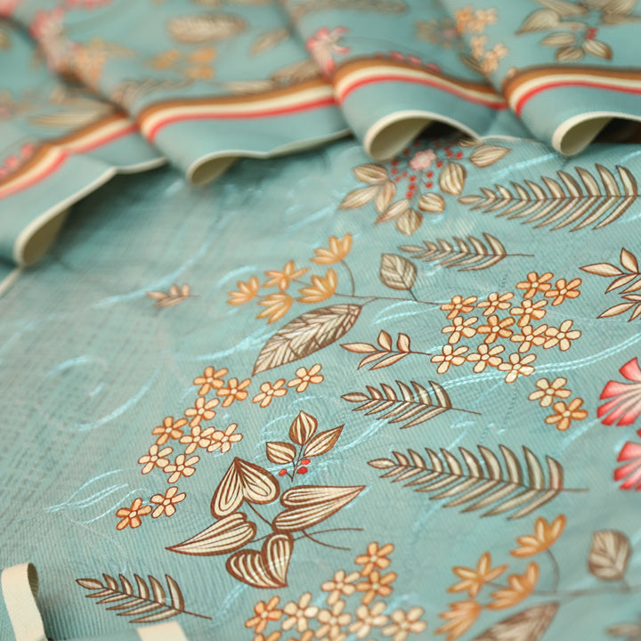 सायरा Powder Blue Balanced By Floral Printed and Aari Work Semi Pashmina Winter Set