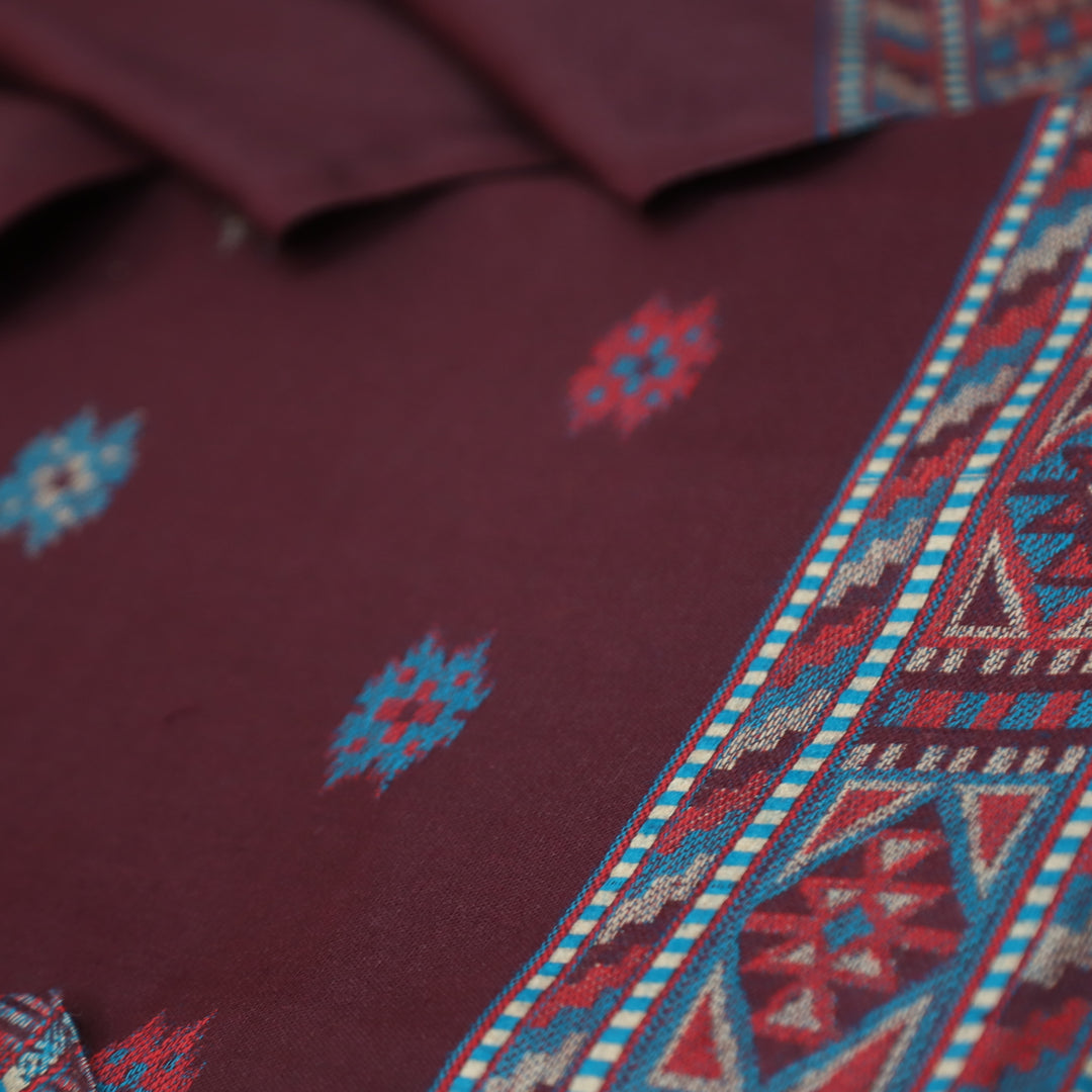 बेगमजान Burgundy Wine Enhanced with Thread Weaved Hem Semi Pashmina Winter Set