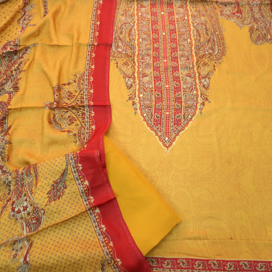 Garj Turmeric Yellow Patra Detailing in Digital Printed Semi Pashmina Winter Suit Set