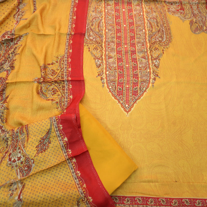 Garj Turmeric Yellow Patra Detailing in Digital Printed Semi Pashmina Winter Suit Set