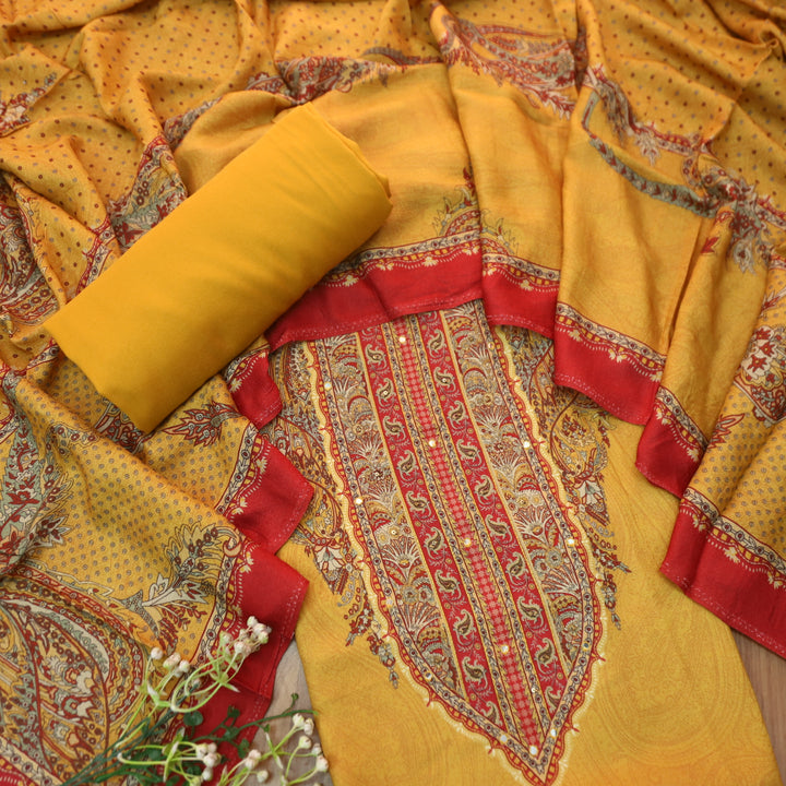 Garj Turmeric Yellow Patra Detailing in Digital Printed Semi Pashmina Winter Suit Set