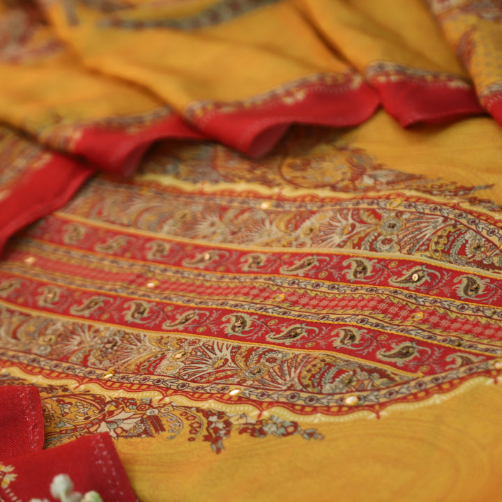 Garj Turmeric Yellow Patra Detailing in Digital Printed Semi Pashmina Winter Suit Set