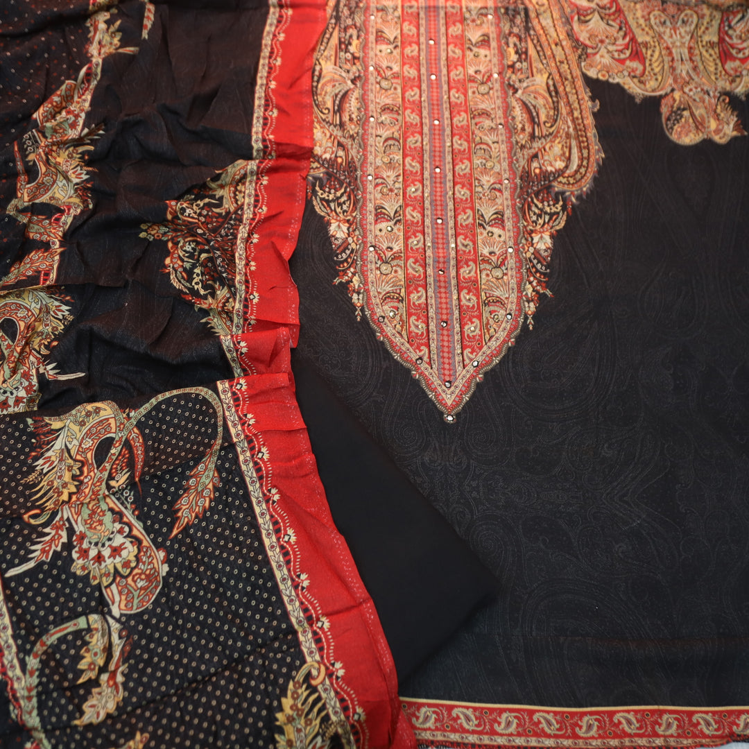 Garj Royal Black Patra Detailing in Digital Printed Semi Pashmina Winter Suit Set