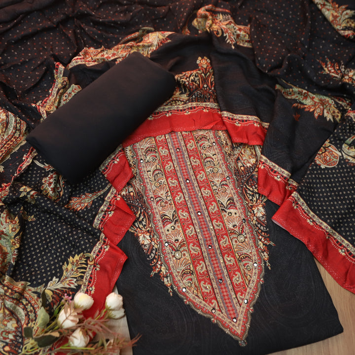 Garj Royal Black Patra Detailing in Digital Printed Semi Pashmina Winter Suit Set