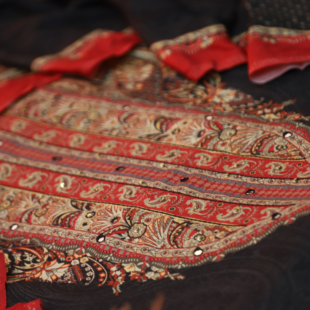 Garj Royal Black Patra Detailing in Digital Printed Semi Pashmina Winter Suit Set