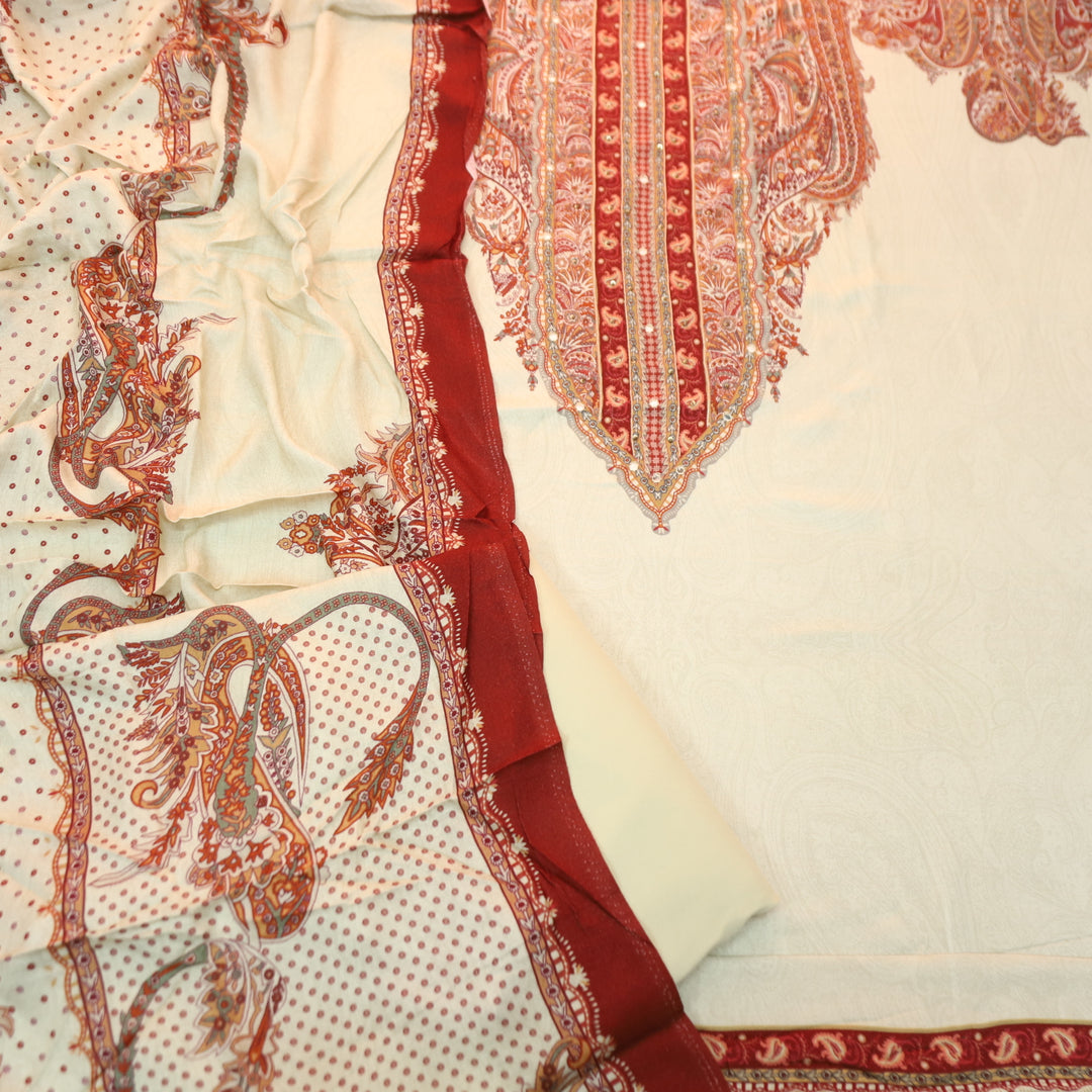 Garj Pearl White Patra Detailing in Digital Printed Semi Pashmina Winter Suit Set