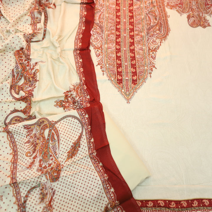 Garj Pearl White Patra Detailing in Digital Printed Semi Pashmina Winter Suit Set