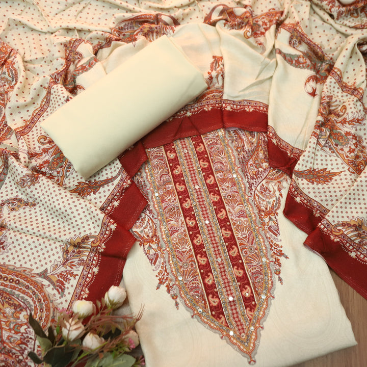 Garj Pearl White Patra Detailing in Digital Printed Semi Pashmina Winter Suit Set