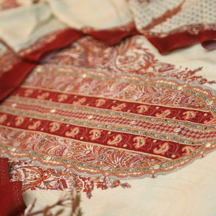 Garj Pearl White Patra Detailing in Digital Printed Semi Pashmina Winter Suit Set