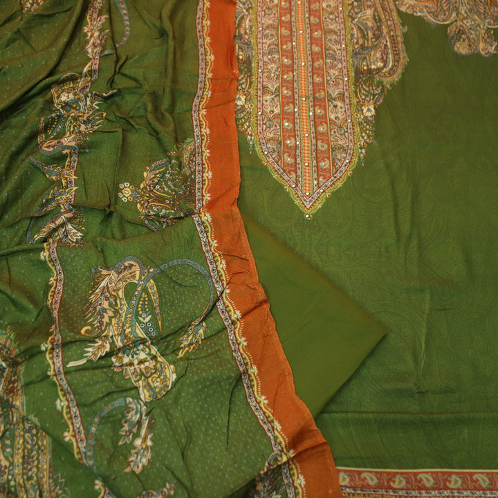 Garj Grass Green Patra Detailing in Digital Printed Semi Pashmina Winter Suit Set