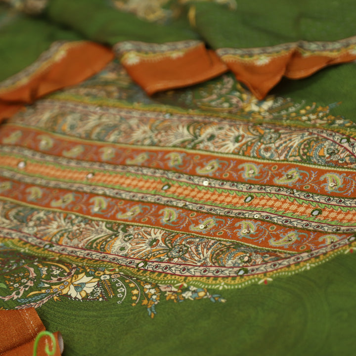 Garj Grass Green Patra Detailing in Digital Printed Semi Pashmina Winter Suit Set
