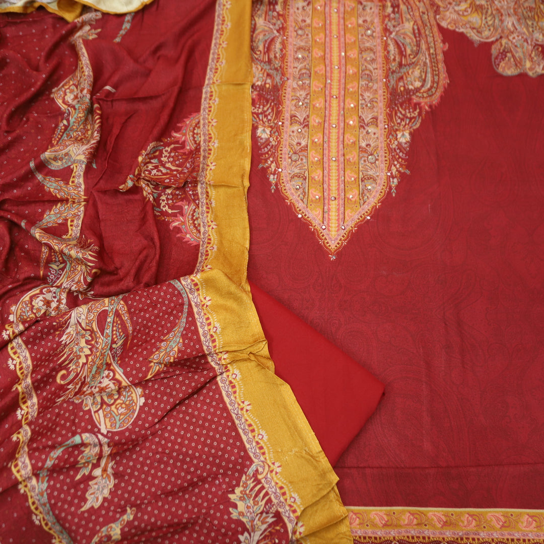 Garj Kumkum Red Patra Detailing in Digital Printed Semi Pashmina Winter Suit Set