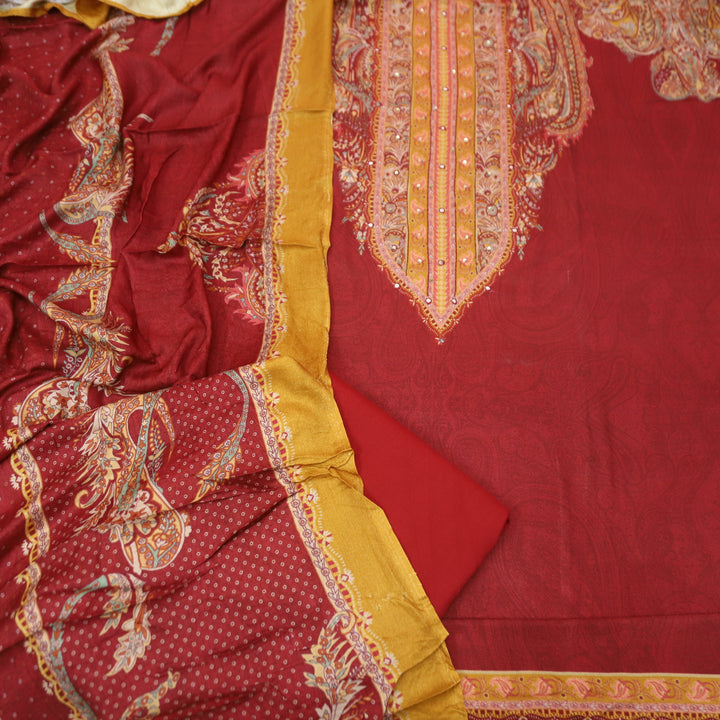 Garj Kumkum Red Patra Detailing in Digital Printed Semi Pashmina Winter Suit Set