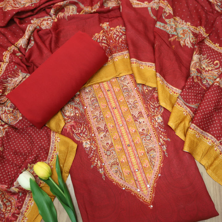 Garj Kumkum Red Patra Detailing in Digital Printed Semi Pashmina Winter Suit Set