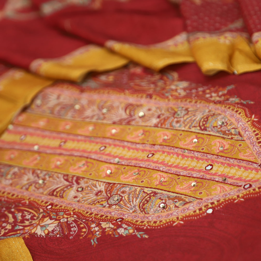 Garj Kumkum Red Patra Detailing in Digital Printed Semi Pashmina Winter Suit Set