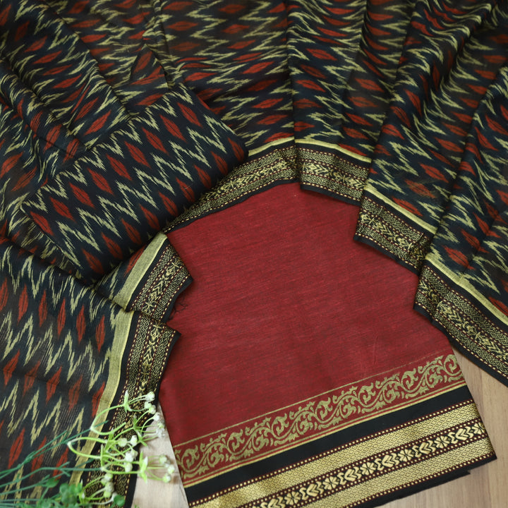 इश्क Cherry Red Mangalgiri Hem Work Cotton Set with  Black Printed Bottom