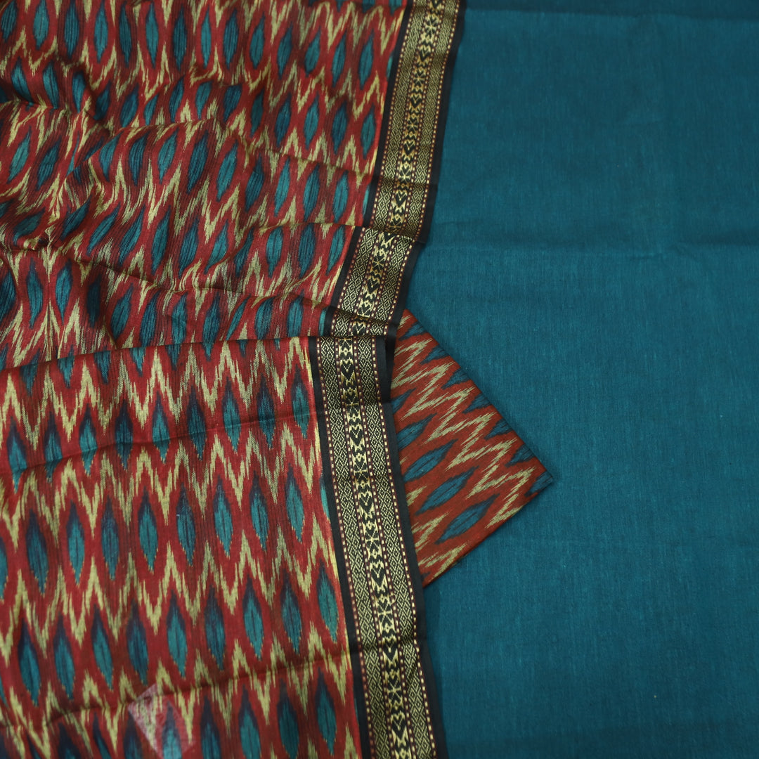 इश्क Cerulean Blue Mangalgiri Hem Work Cotton Set with Red Printed Bottom