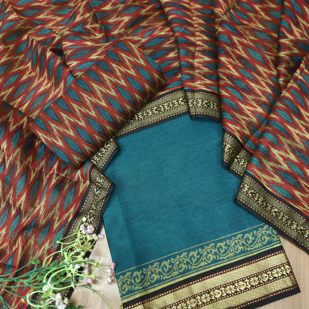 इश्क Cerulean Blue Mangalgiri Hem Work Cotton Set with Red Printed Bottom