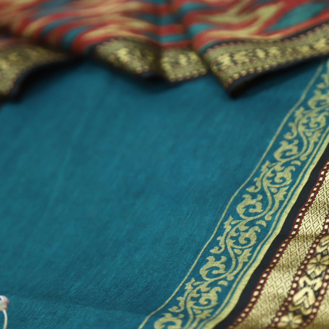 इश्क Cerulean Blue Mangalgiri Hem Work Cotton Set with Red Printed Bottom