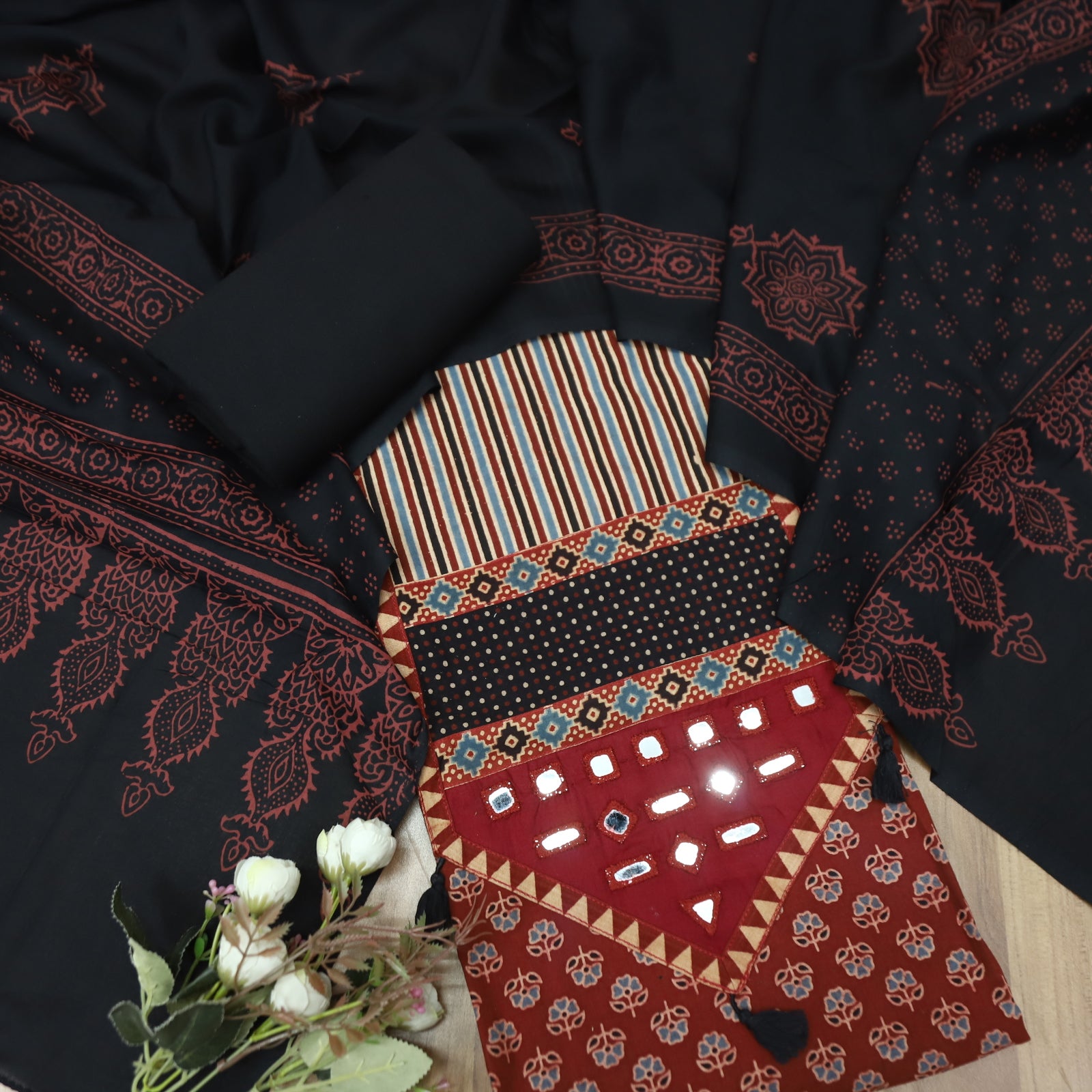 Meghna Maroon Red with Black Kutch Patch and Mirror Work in Ajrak Prin ...