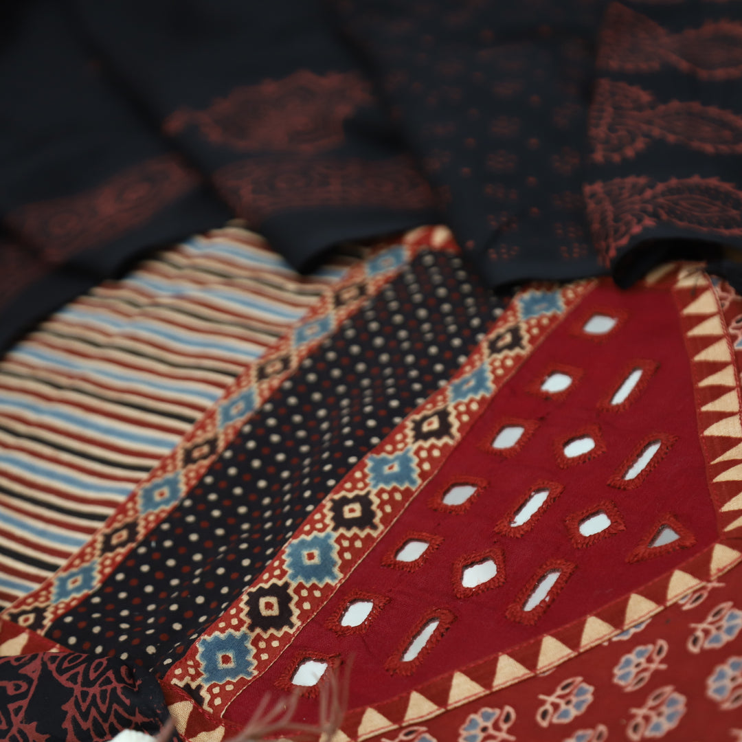 Meghna Maroon Red with Black Kutch Patch and Mirror Work in Ajrak Print Cotton Set