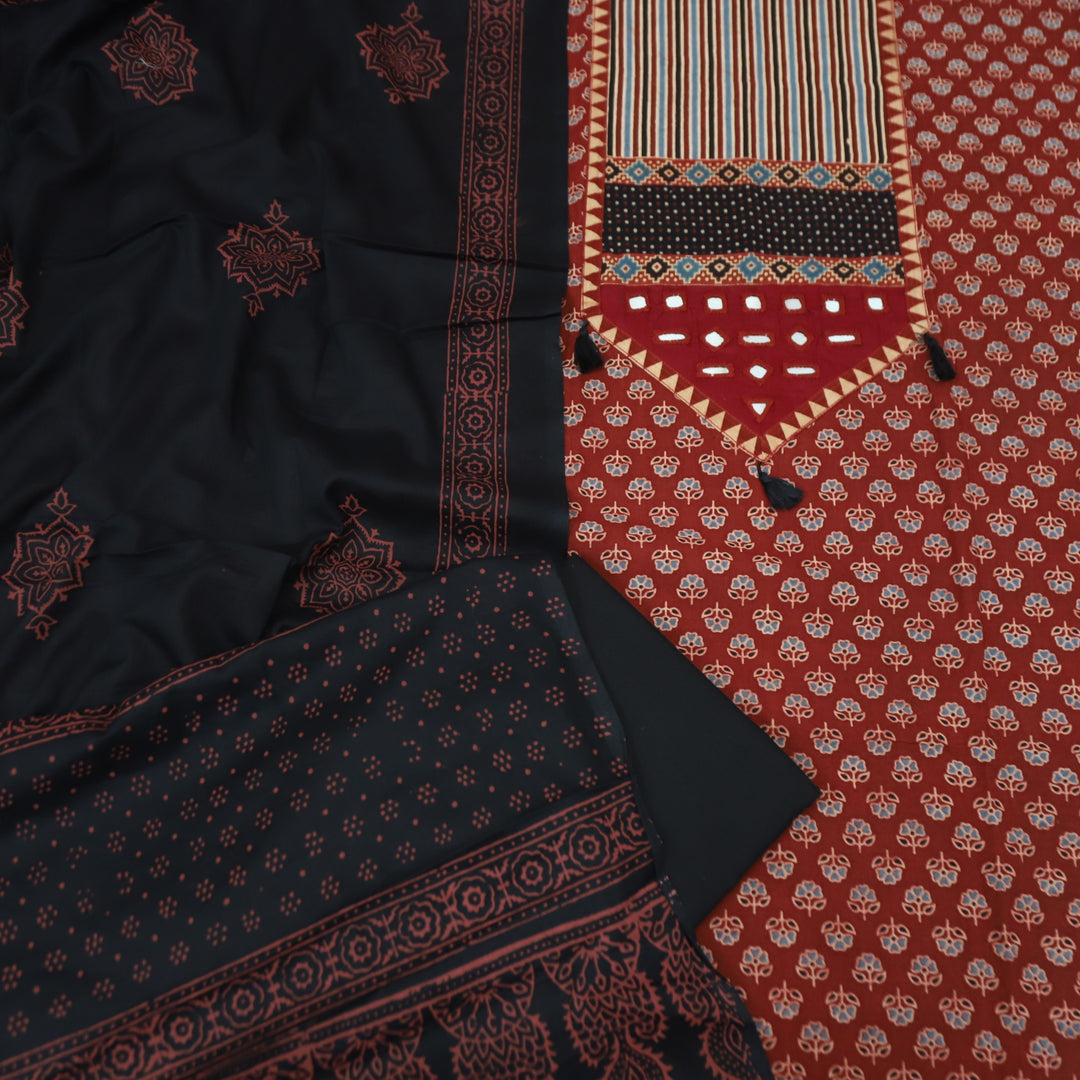 Meghna Maroon Red with Black Kutch Patch and Mirror Work in Ajrak Print Cotton Set