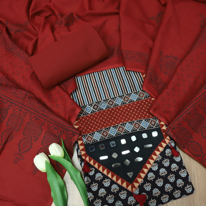 Meghna Nigth Black with Red Kutch Patch and Mirror Work in Ajrak Print Cotton Set