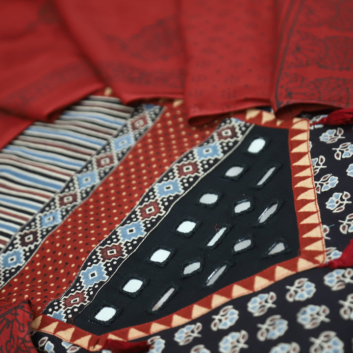 Meghna Nigth Black with Red Kutch Patch and Mirror Work in Ajrak Print Cotton Set