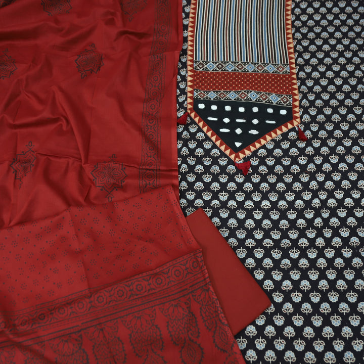 Meghna Nigth Black with Red Kutch Patch and Mirror Work in Ajrak Print Cotton Set