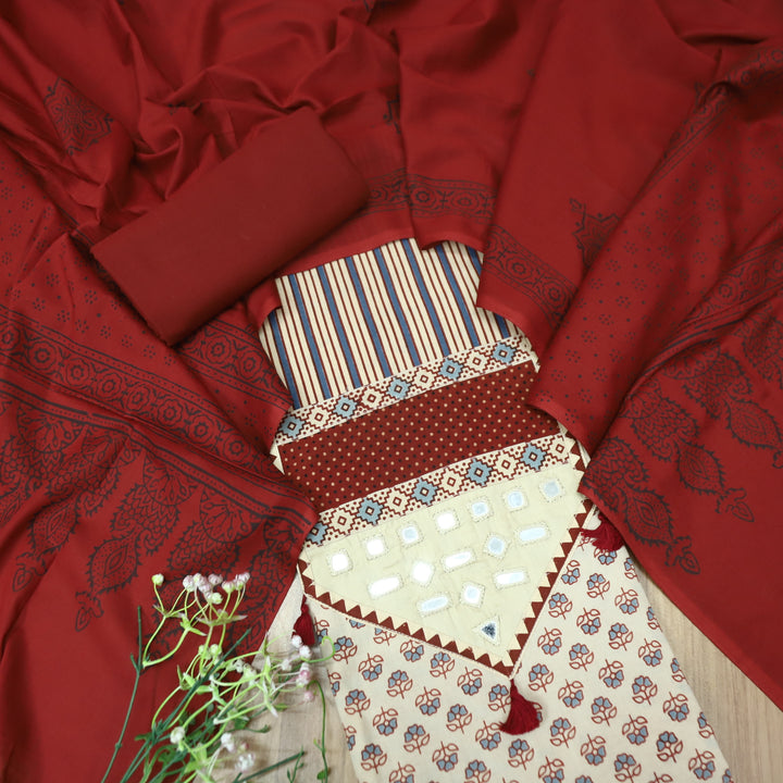 Meghna Shell Beige with Red Kutch Patch and Mirror Work in Ajrak Print Cotton Set