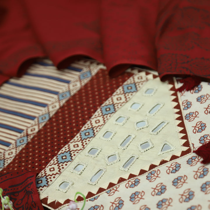 Meghna Shell Beige with Red Kutch Patch and Mirror Work in Ajrak Print Cotton Set