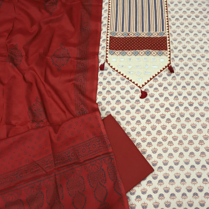 Meghna Shell Beige with Red Kutch Patch and Mirror Work in Ajrak Print Cotton Set