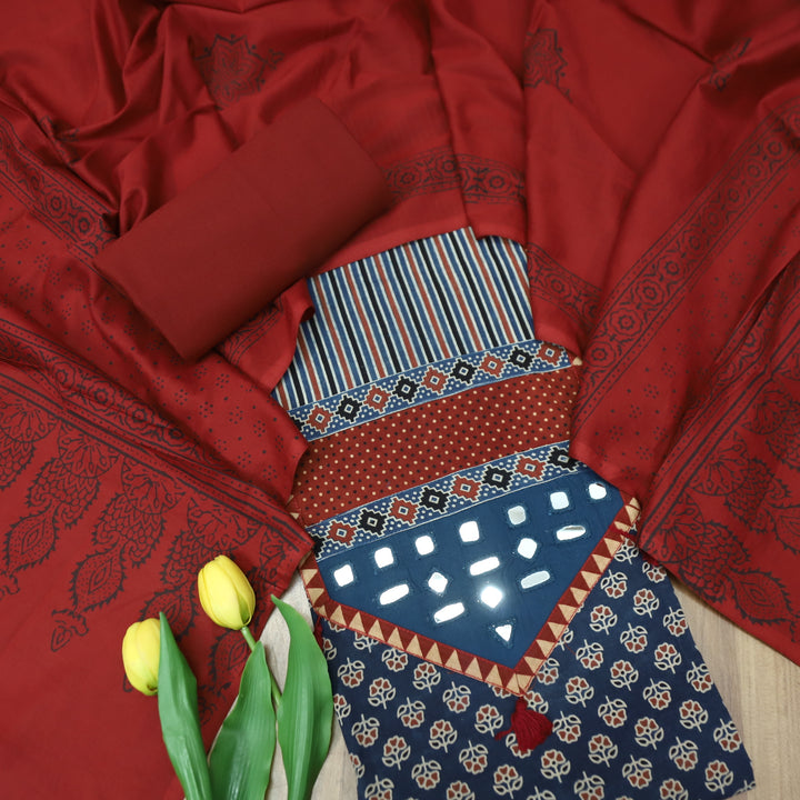Meghna Denim Blue with Red Kutch Patch and Mirror Work in Ajrak Print Cotton Set