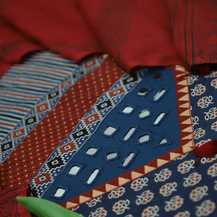 Meghna Denim Blue with Red Kutch Patch and Mirror Work in Ajrak Print Cotton Set