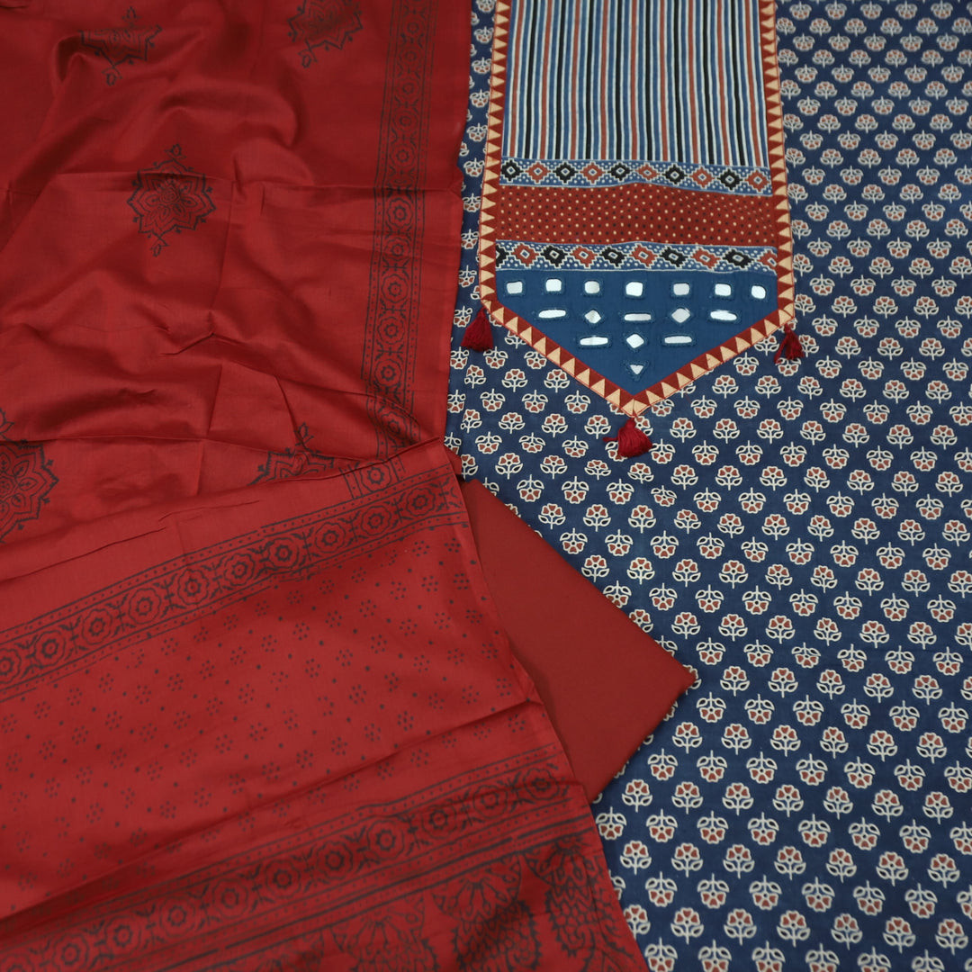 Meghna Denim Blue with Red Kutch Patch and Mirror Work in Ajrak Print Cotton Set