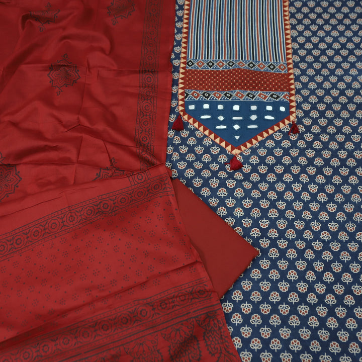 Meghna Denim Blue with Red Kutch Patch and Mirror Work in Ajrak Print Cotton Set