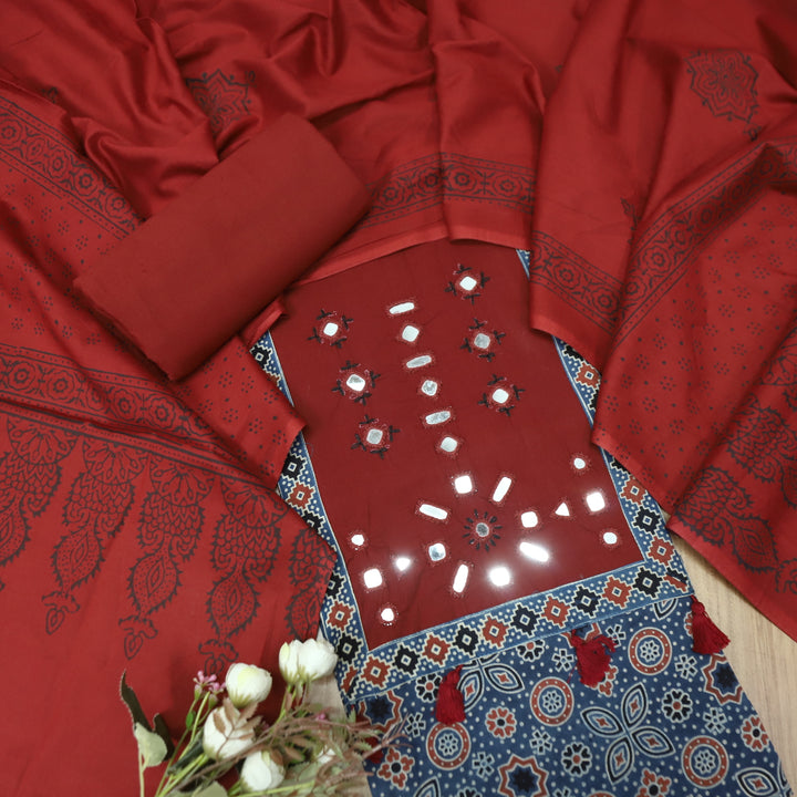 Sagun Denim Blue with Red Kutch Mirror with Tassel Work in Ajrak Printed Cotton Set