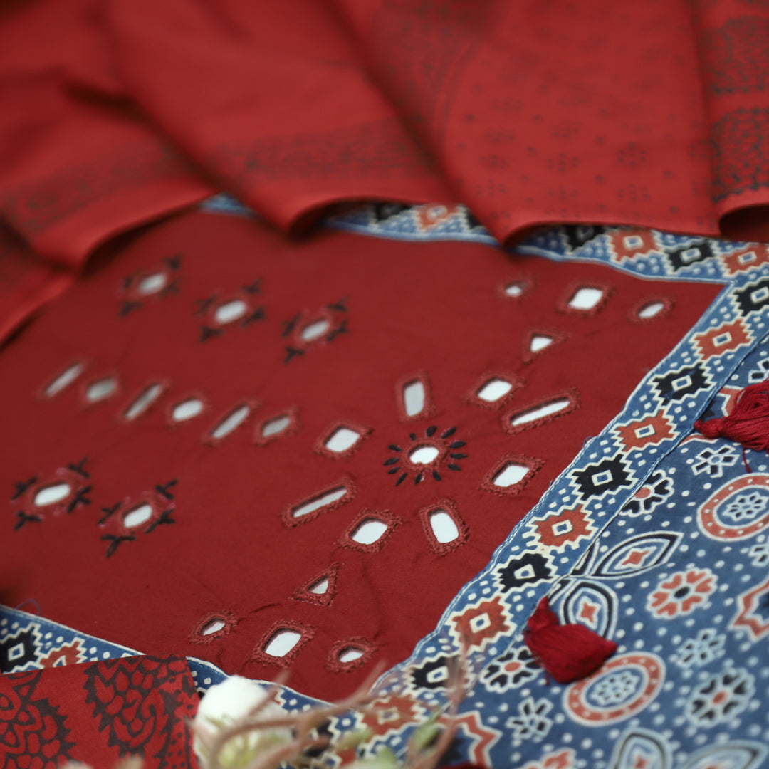 Sagun Denim Blue with Red Kutch Mirror with Tassel Work in Ajrak Printed Cotton Set
