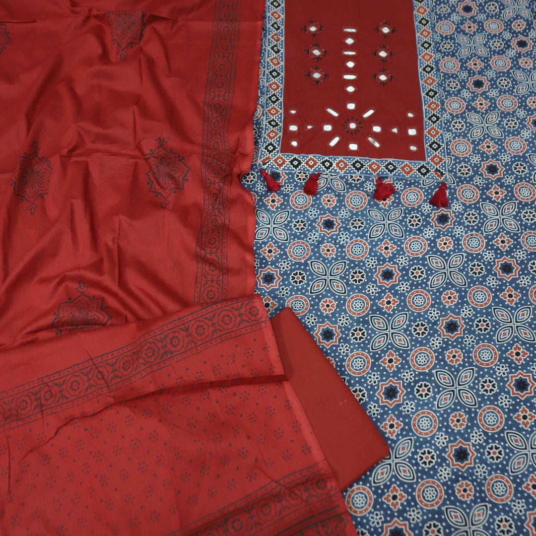 Sagun Denim Blue with Red Kutch Mirror with Tassel Work in Ajrak Printed Cotton Set