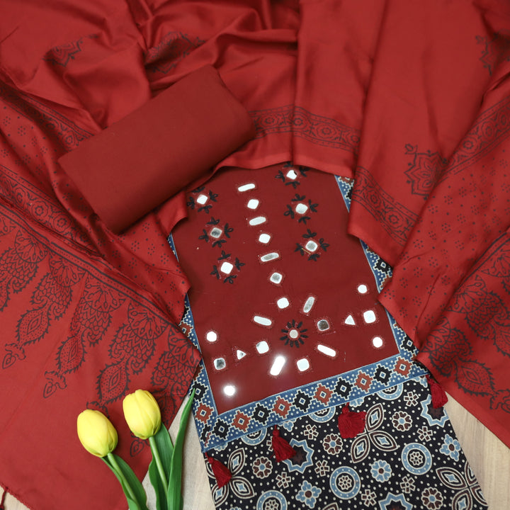 Sagun Faded Black with Red Kutch Mirror with Tassel Work in Ajrak Printed Cotton Set