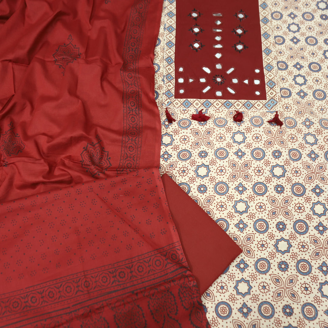 Sagun Shell Beige with Red Kutch Mirror with Tassel Work in Ajrak Printed Cotton Set