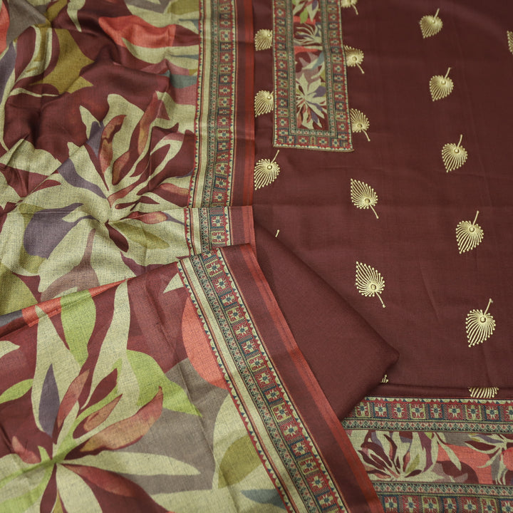 सुन्दरी Choco Brown Digital Print Patch Neck with Thread Work Semi Pashmina Winter Set