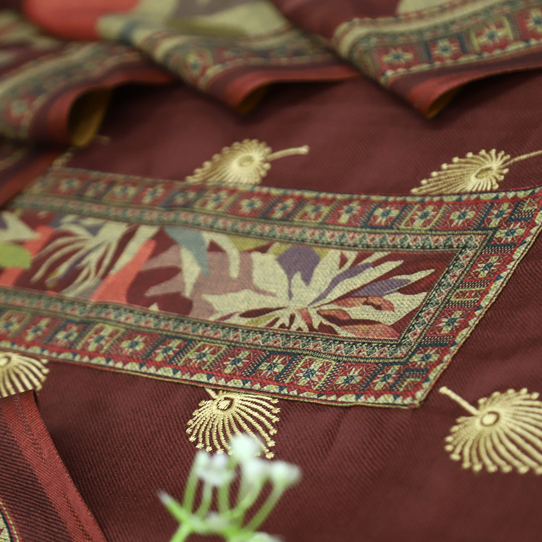 सुन्दरी Choco Brown Digital Print Patch Neck with Thread Work Semi Pashmina Winter Set