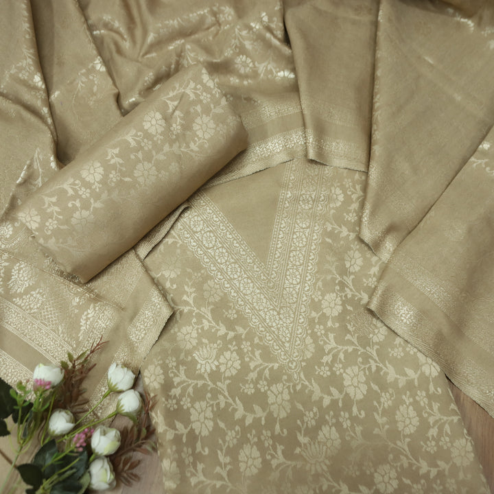 अनीत Sand Beige All Over Zari Weaved in Semi Pashmina Winter Suit Set