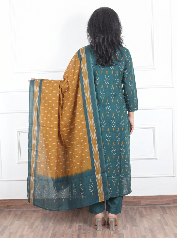 Shrivali Scralet Green Ikkat Cotton 3 Piece Set
