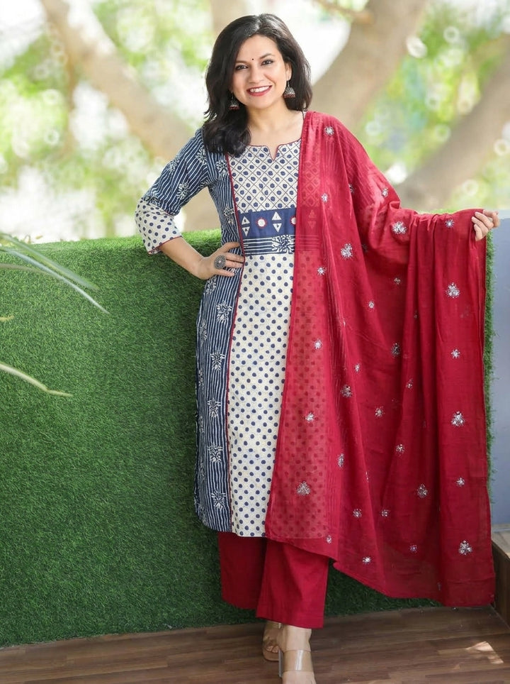 Anshuli Faded Blue Panel Style Dabu Printed Cotton 3 Piece Set