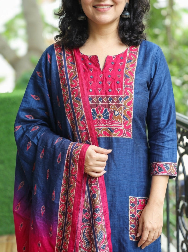Laakshi Deep Blue Mirror Work Russian Silk 3 Piece Set